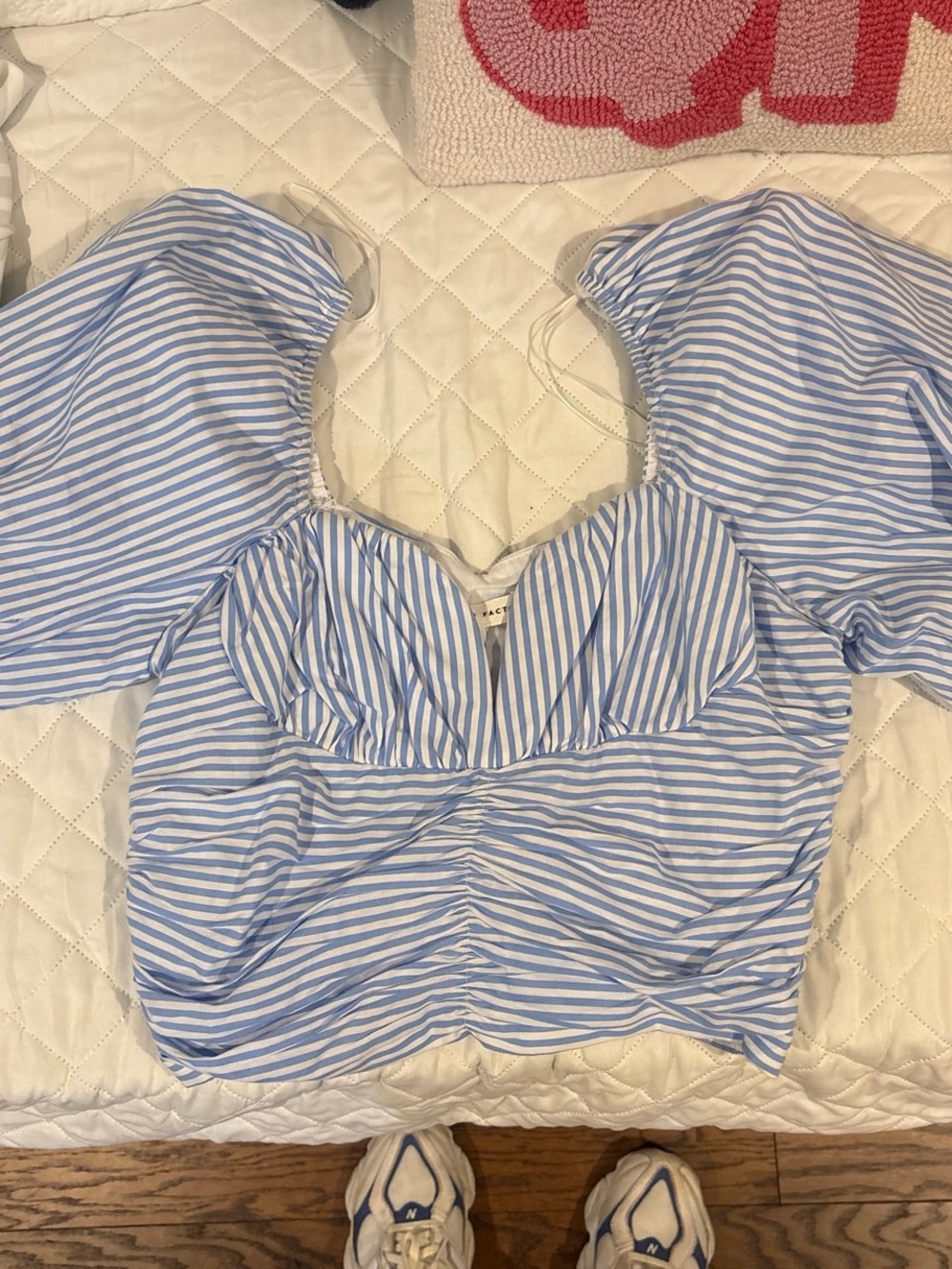 English Factory Blue and White Striped Puff-Sleeve Crop Top